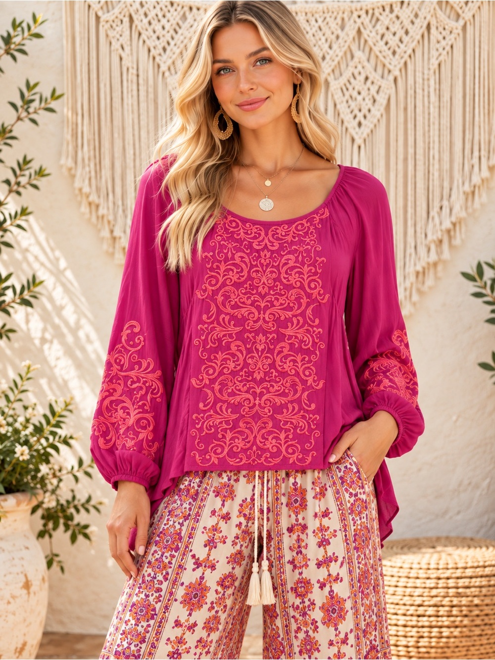 NWT Savanna Jane Magenta Embroidered Peasant Hight Low Tunic Size Medium